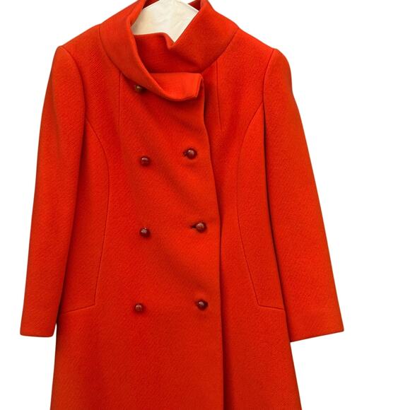 1960s Orange Wool Coat Young Elegants Double Breasted Lucite Buttons S/M Pockets - Picture 2 of 16